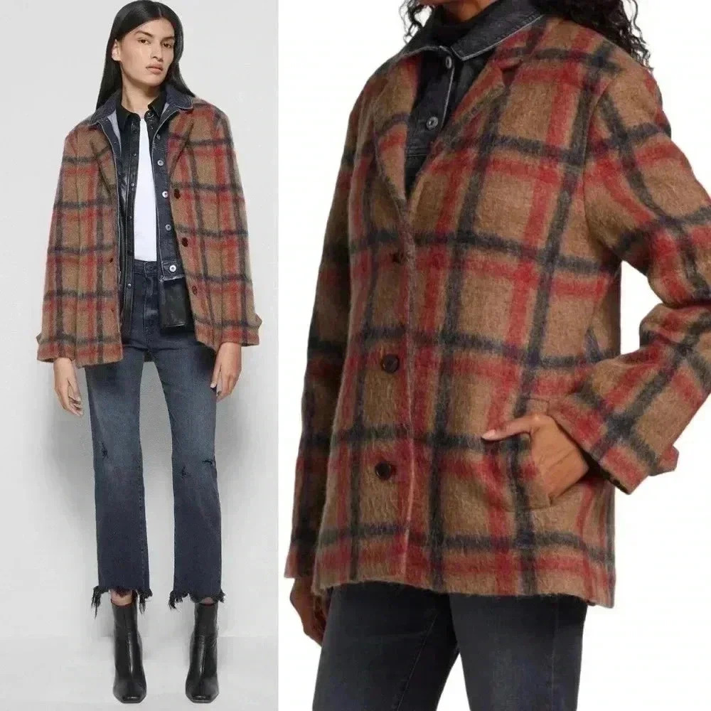 Jonathan Simkhai Tan & Red Plaid Wool Blend Coat